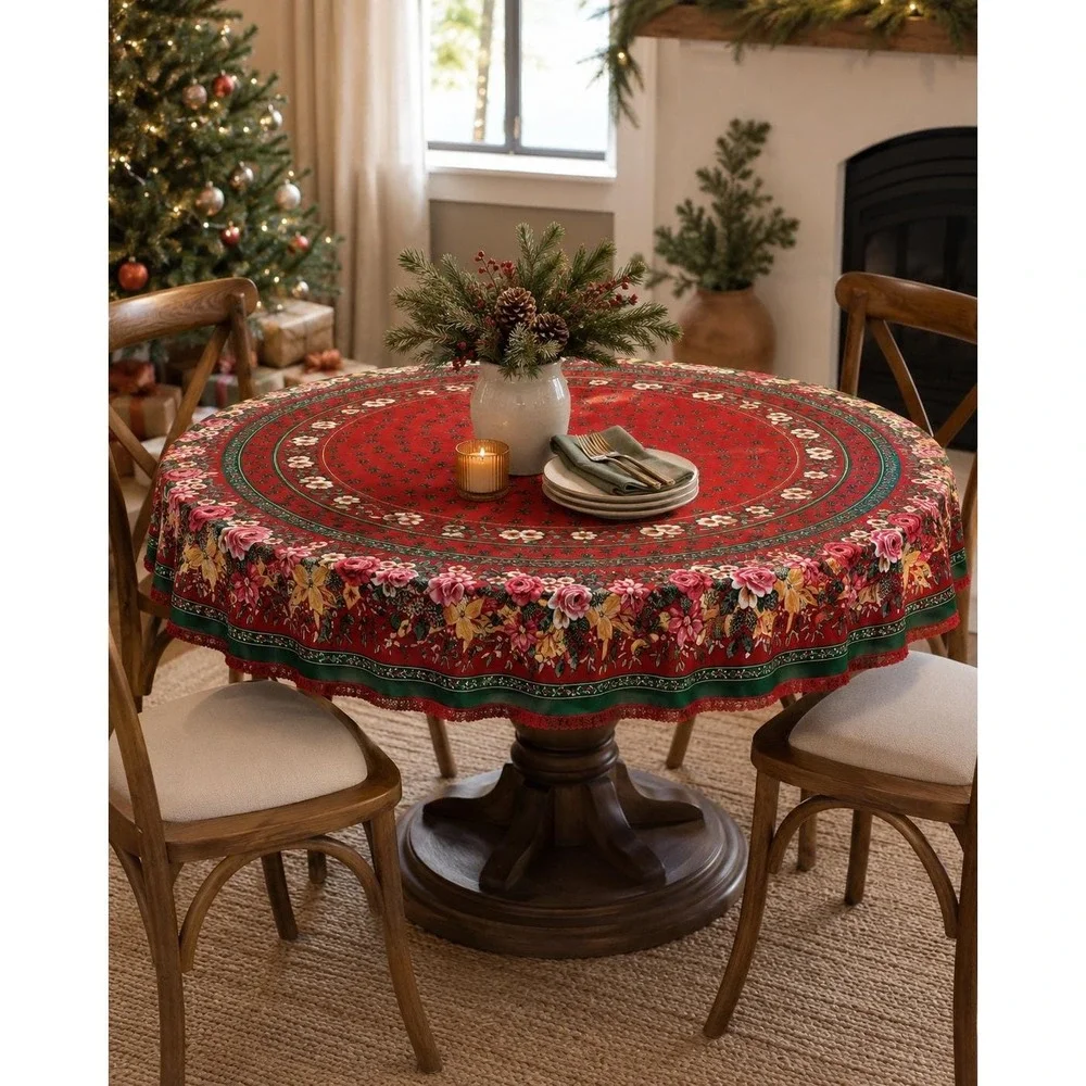 Vintage Christmas‎ Round Tablecloth Red Green Floral Lace Trim 68 Inch